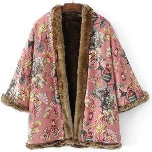 Kimono Floral Pink Faux Fur Trim